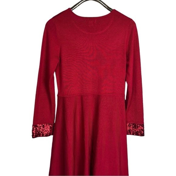 JASON WU 221869 RED SEQUIN CUFF KNIT FIT & FLARE LONG SLEEVE HOLIDAY DRESS - Picture 3 of 14